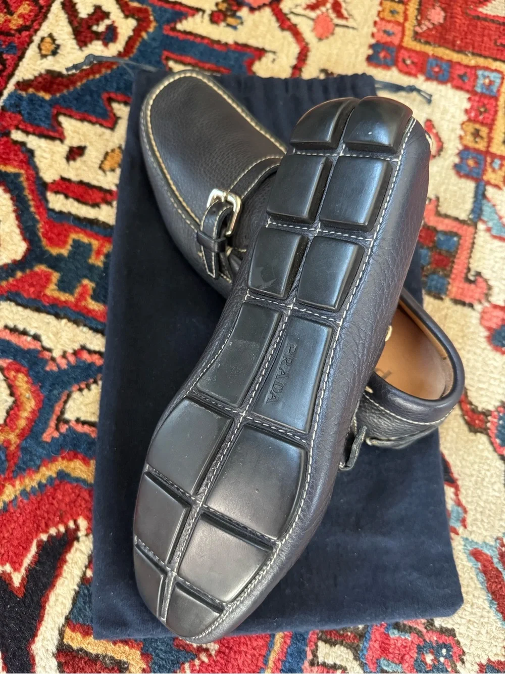 Prada Navy Blue Leather Buckle Loafers